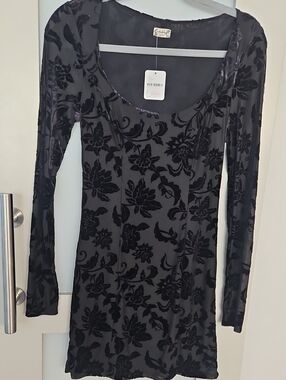 Free People Black Floral Velvet Burnout Long Sleeve Scoop Dress
